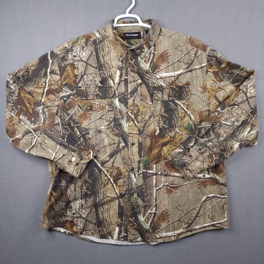 Realtree AP Camo Mens 2XL Button Down Long Sleeve Hunting Shirt Brown Green Tan